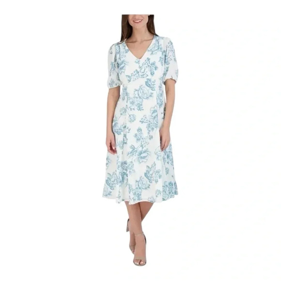 Studio One Dresses & Skirts - NWOT Studio One New York White and Blue Floral Print Midi Dress Size 12